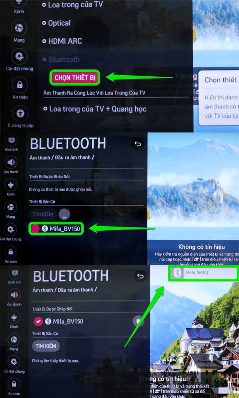 Các bước chọn thiết bị Bluetooth để ghép nối với tivi LG