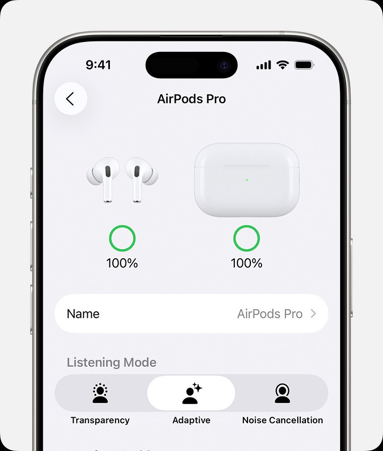 Các tùy chọn chế độ nghe trên cài đặt AirPods Pro trong iPhone, bao gồm Xuyên âm, Thích ứng và Khử tiếng ồn.