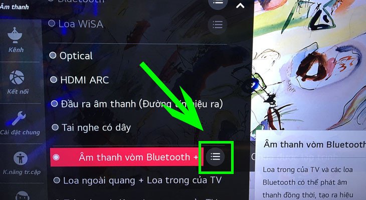 Chọn Bluetooth và truy cập danh sách thiết bị trên tivi LG