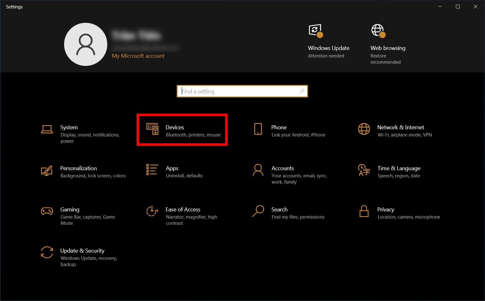 Chọn Devices trong Settings