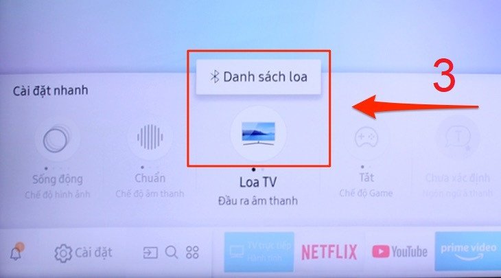 Chọn mục "Danh sách loa" trong cài đặt tivi để tìm kiếm và kết nối loa kéo qua Bluetooth