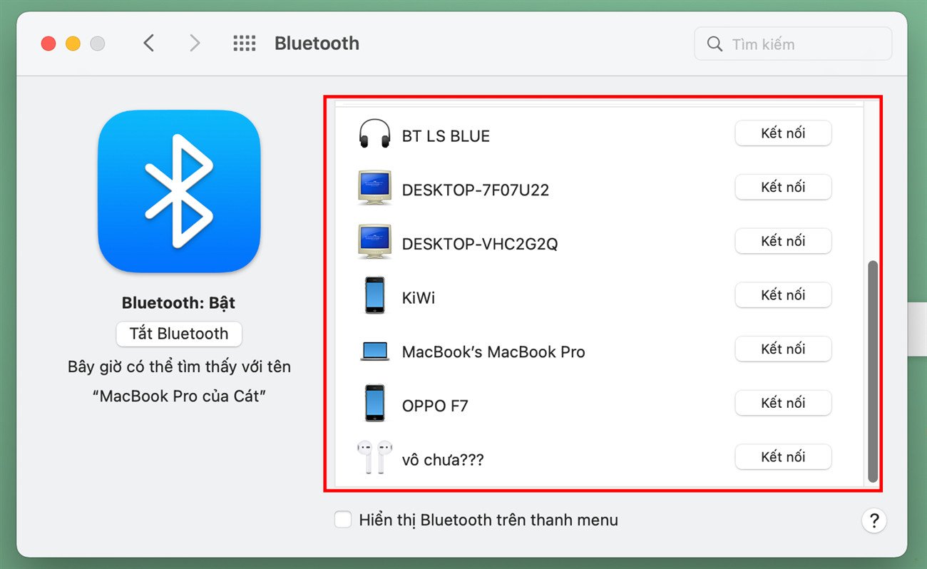 Danh sách các thiết bị Bluetooth khả dụng trên MacOS, chọn tai nghe không dây để kết nối.