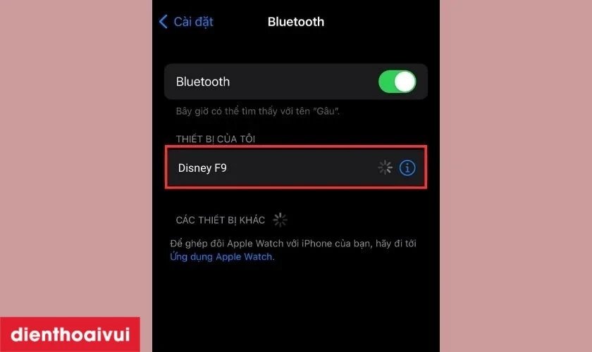 Giao diện cài đặt Bluetooth hiển thị tên tai nghe Disney để ghép nối