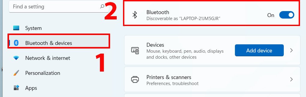 Giao diện cài đặt Bluetooth &amp; thiết bị khác trên Windows 11, bật Bluetooth để ghép nối tai nghe.