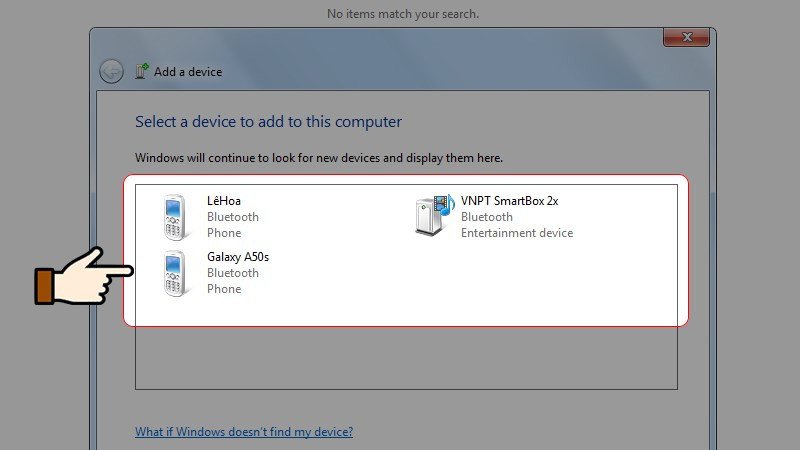 Giao diện lựa chọn thiết bị muốn kết nối qua Bluetooth trên Windows 7