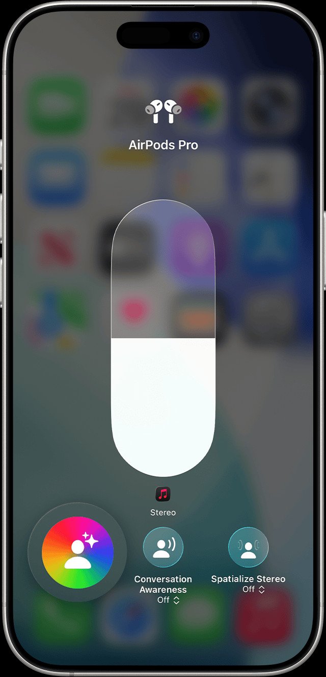 Giao diện Trung tâm điều khiển trên iPhone hiển thị tùy chọn thay đổi chế độ khử tiếng ồn cho tai nghe chống ồn chủ động.