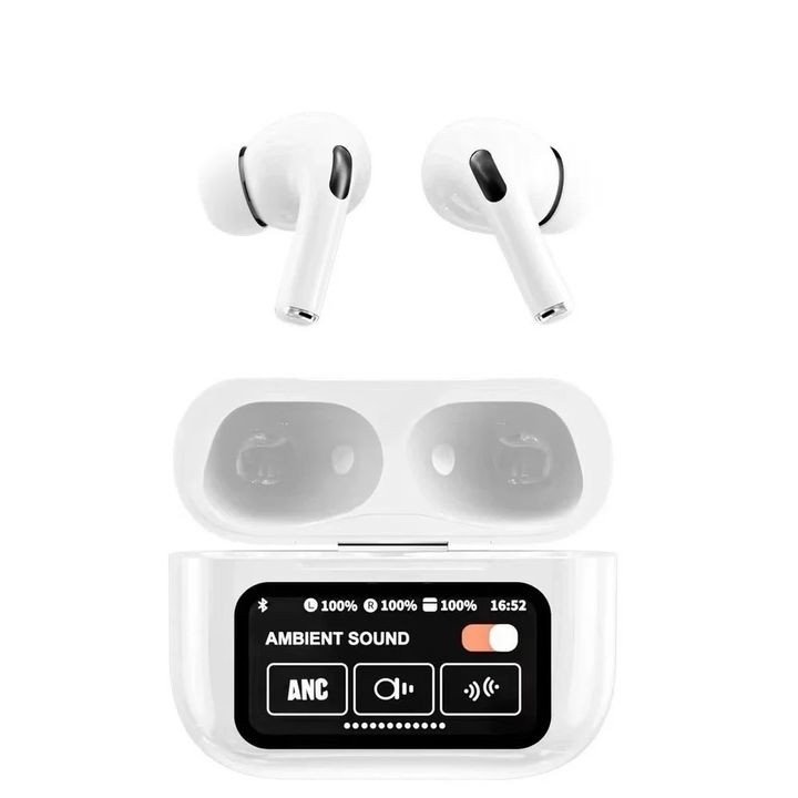 Hai tai nghe A9 Pro chính hãng màu trắng rời khỏi hộp sạc, thể hiện chi tiết thiết kế