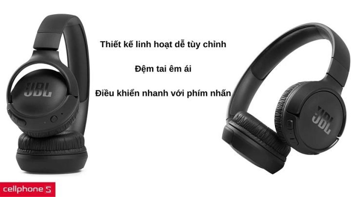Hình ảnh tai nghe JBL Tune 510BT màu đen, nhấn mạnh thiết kế chụp tai êm ái