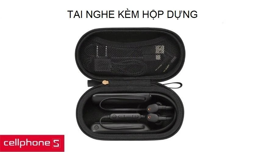 Hộp đựng phụ kiện cao cấp của tai nghe Sony WI-1000XM2 kèm cáp sạc USB-C và jack chuyển 3.5mm