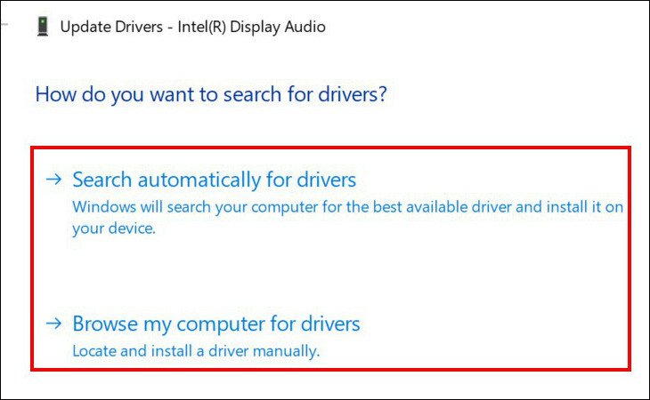 Hộp thoại lựa chọn phương thức cập nhật driver cho micro tai nghe Bluetooth