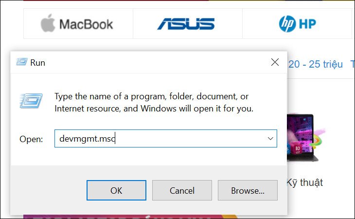 Hộp thoại Run với lệnh devmgmt.msc để mở Device Manager trên Windows