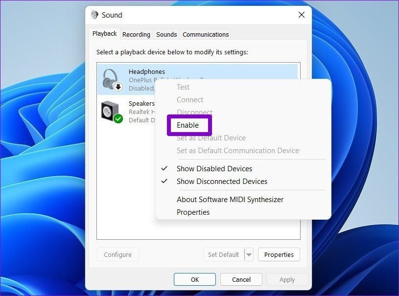 Kích hoạt thiết bị phát để sửa lỗi laptop không nhận tai nghe Win 11