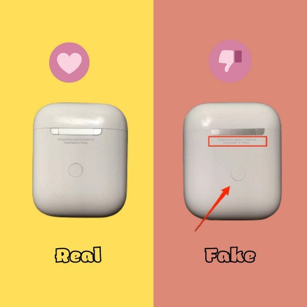 Kiểm tra chi tiết mặt sau hộp sạc để phân biệt AirPod thật giả