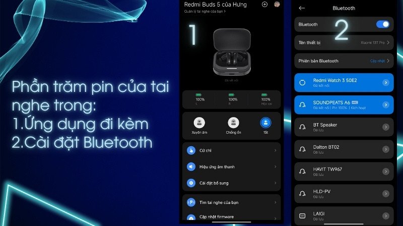 Kiểm tra mức pin của tai nghe không dây qua ứng dụng di động
