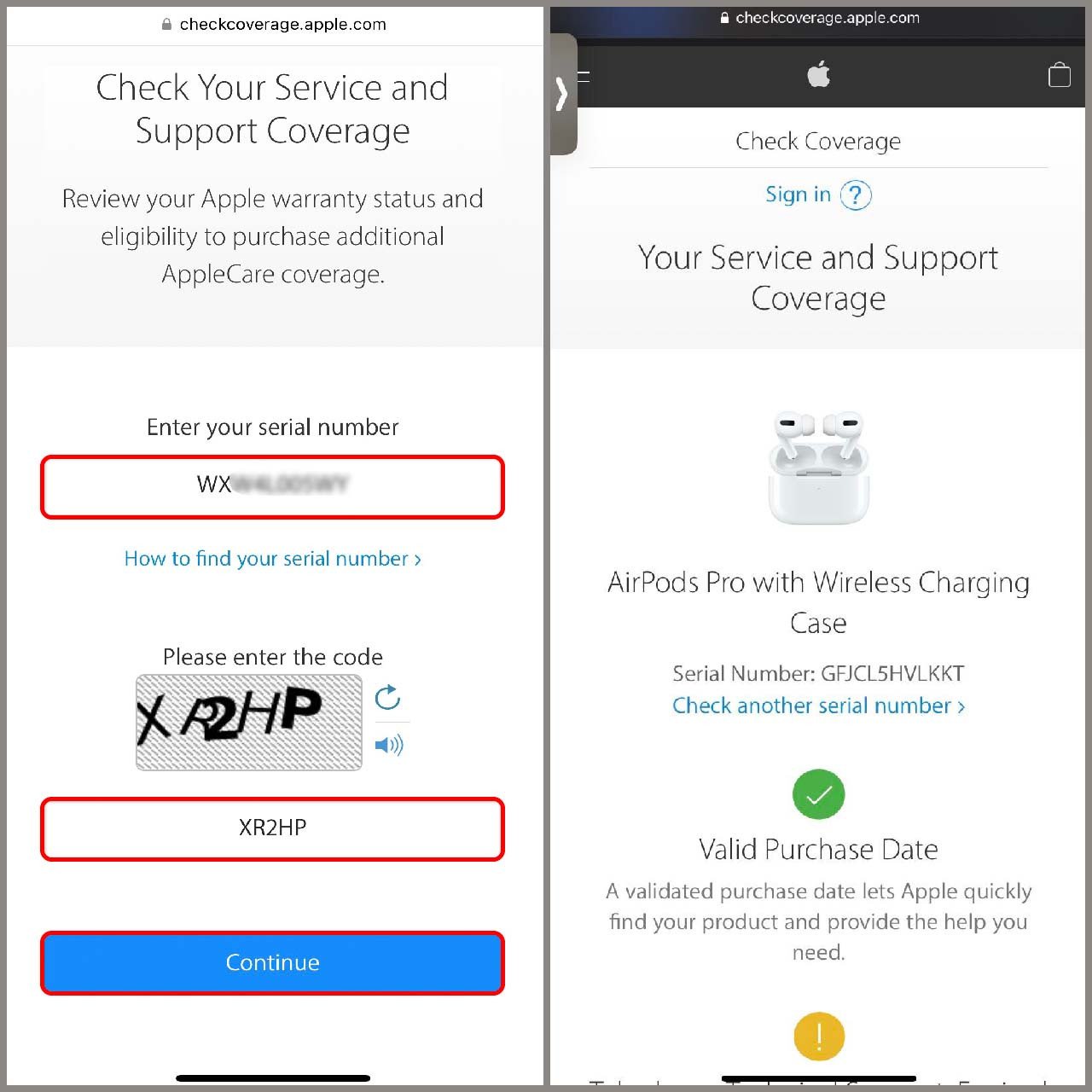 Kiểm tra số Serial AirPods Pro trên trang Apple Check Coverage