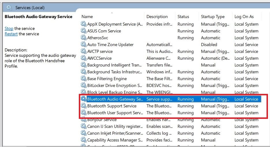 Kiểm tra trạng thái Bluetooth Support Service khi không bật được Bluetooth Win 10