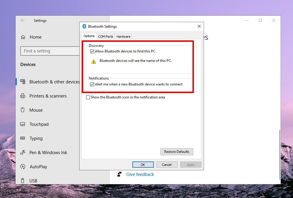 Laptop không có Bluetooth - Allow devices to find PC