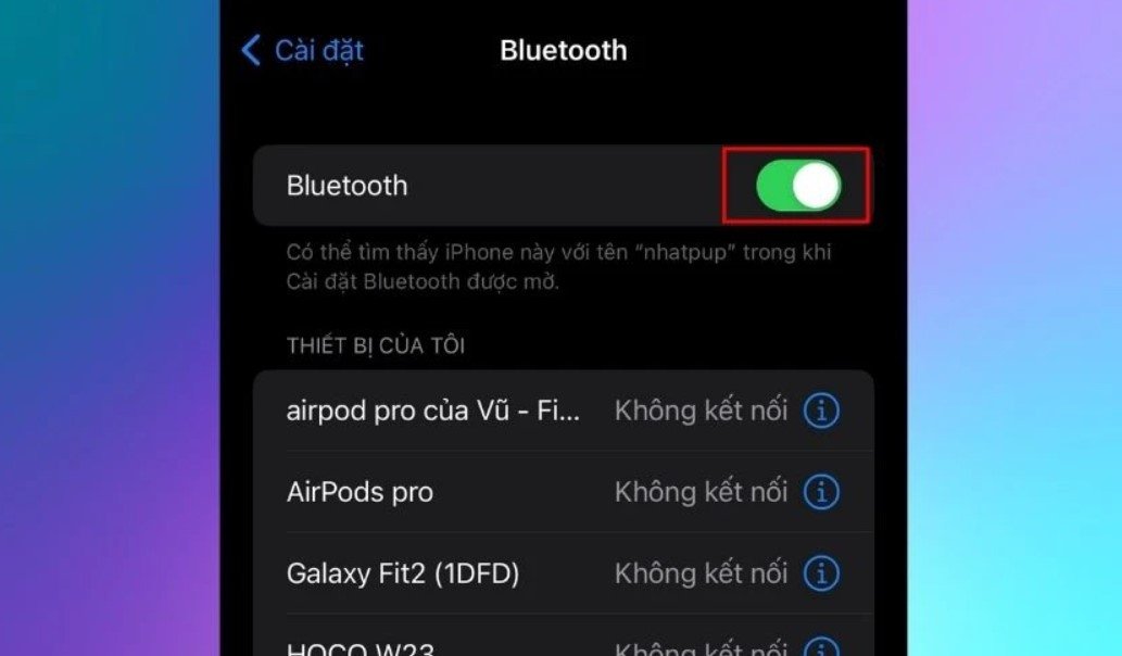 Màn hình Bluetooth trên iPhone hiển thị trạng thái bật