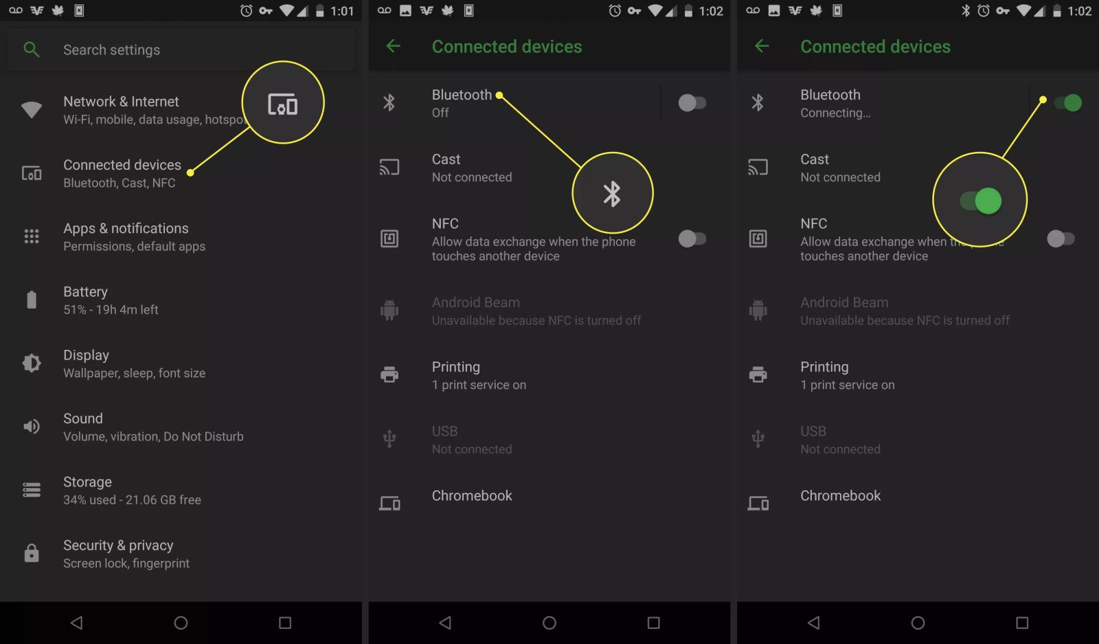 Màn hình cài đặt Bluetooth trên điện thoại Android, nơi bắt đầu kết nối loa