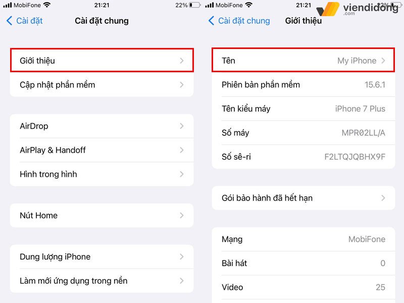 Màn hình cài đặt chung và tùy chọn giới thiệu trên iPhone