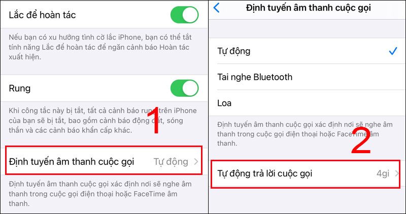 Màn hình cài đặt iPhone hiển thị mục Cảm ứng và Định tuyến âm thanh cuộc gọi cho tai nghe không dây