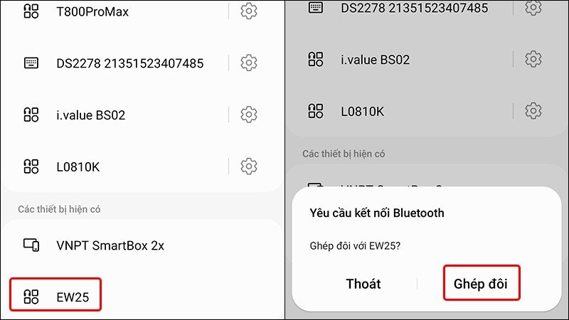 Màn hình điện thoại Samsung hiển thị danh sách thiết bị Bluetooth, sẵn sàng ghép đôi tai nghe để nhận cuộc gọi Zalo