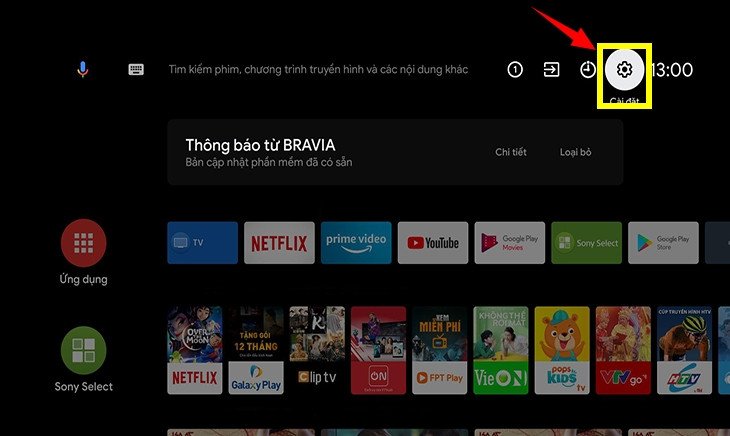 Màn hình tivi Sony hiển thị giao diện cài đặt (Setting)