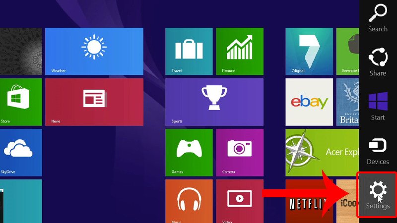 Mở Settings trên Windows 8