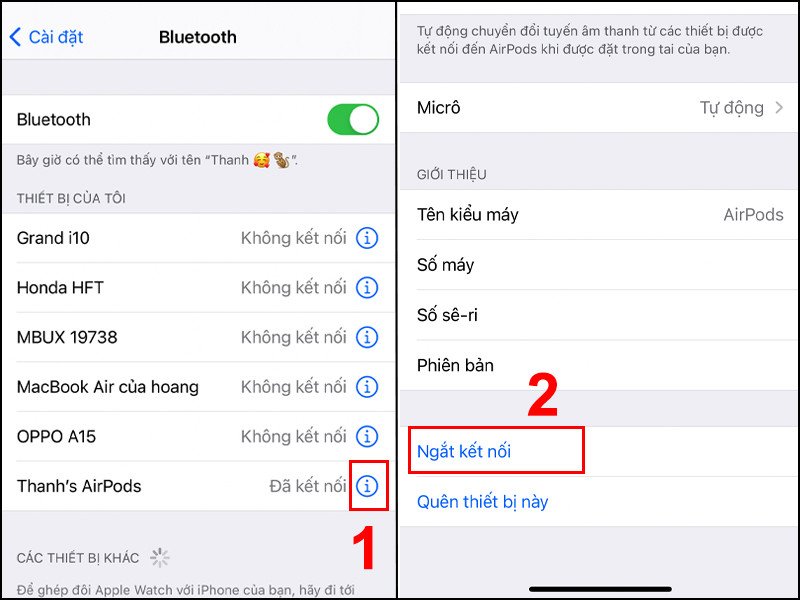 Ngắt kết nối AirPods trong cài đặt Bluetooth để khắc phục lỗi chỉ nghe được một bên