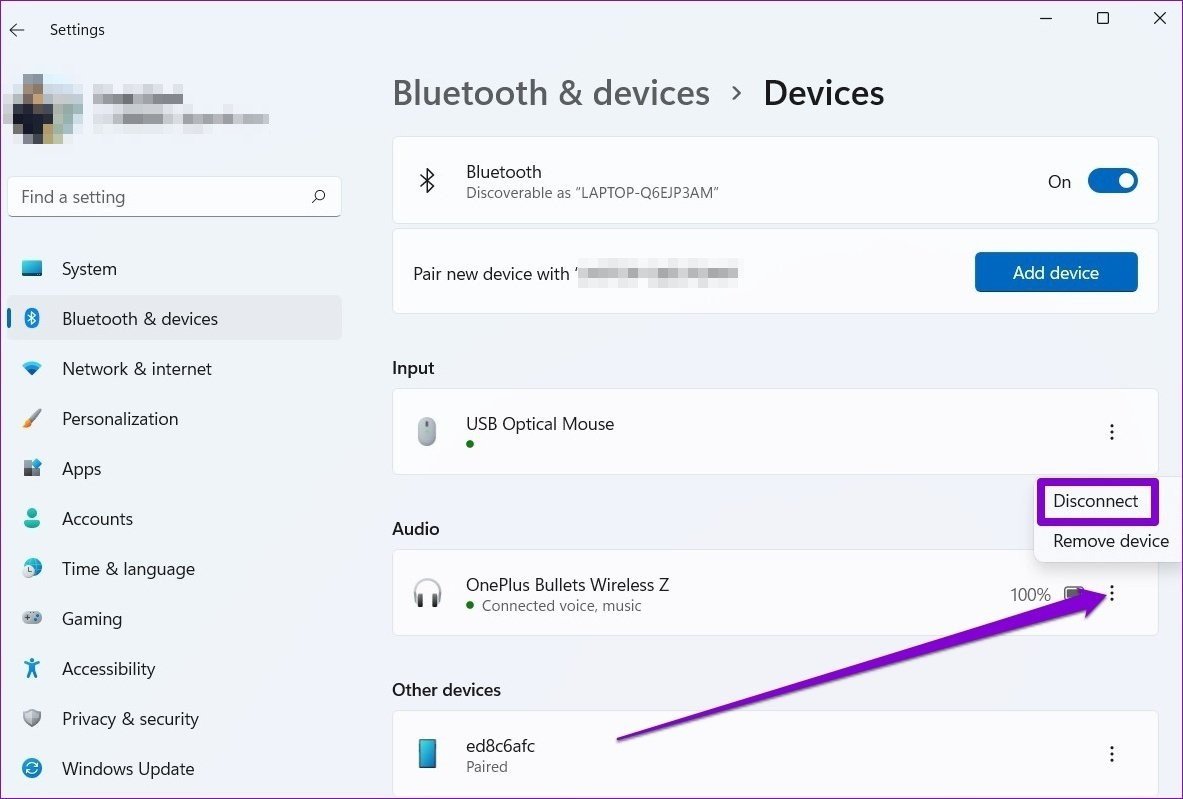 Ngắt kết nối thiết bị tai nghe Bluetooth trên Windows 11