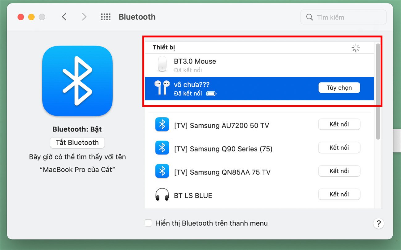 Nhấn kết nối tai nghe trên MacOS