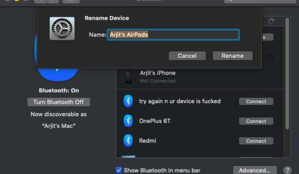 Nhấn Rename để đổi tên tai nghe Bluetooth trên Macbook