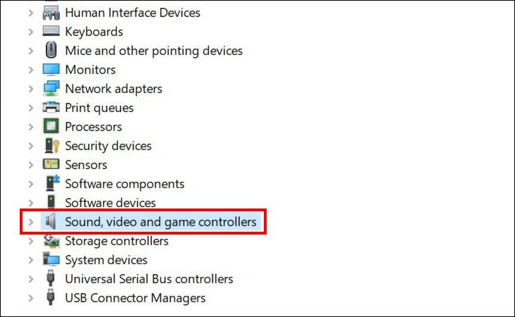 Quản lý thiết bị trong Windows hiển thị danh mục Sound, video and game controllers
