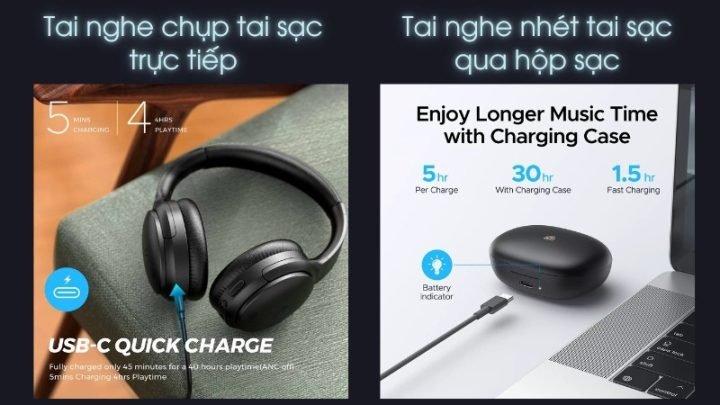 So sánh hai loại tai nghe bluetooth phổ biến: chụp tai và nhét tai cùng hộp sạc
