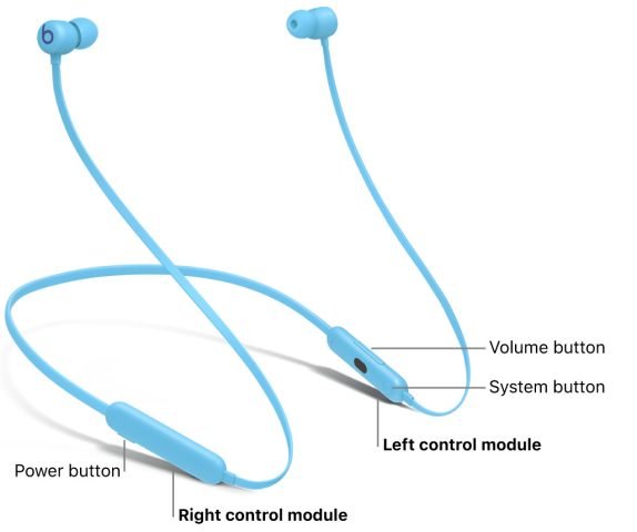 Tai nghe Beats Flex với các nút điều khiển, minh họa vị trí nút nguồn và âm lượng, tương tự như các chức năng cơ bản trên tai nghe Beats Pro