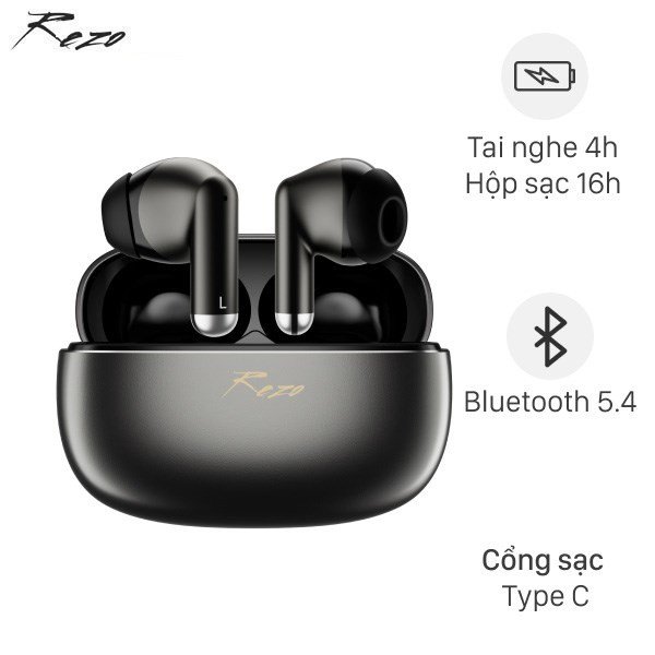 Tai nghe bluetooth Rezo K50 màu đen và hộp sạc nhỏ gọn.