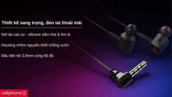 Tai nghe ROG Cetra II Core màu đen với nút tai silicon và đầu nối 3.5mm góc 90 độ