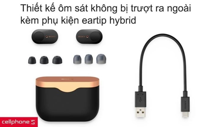 Tai nghe Sony WF-1000XM3 với thiết kế in-ear ôm sát, kèm eartip hybrid
