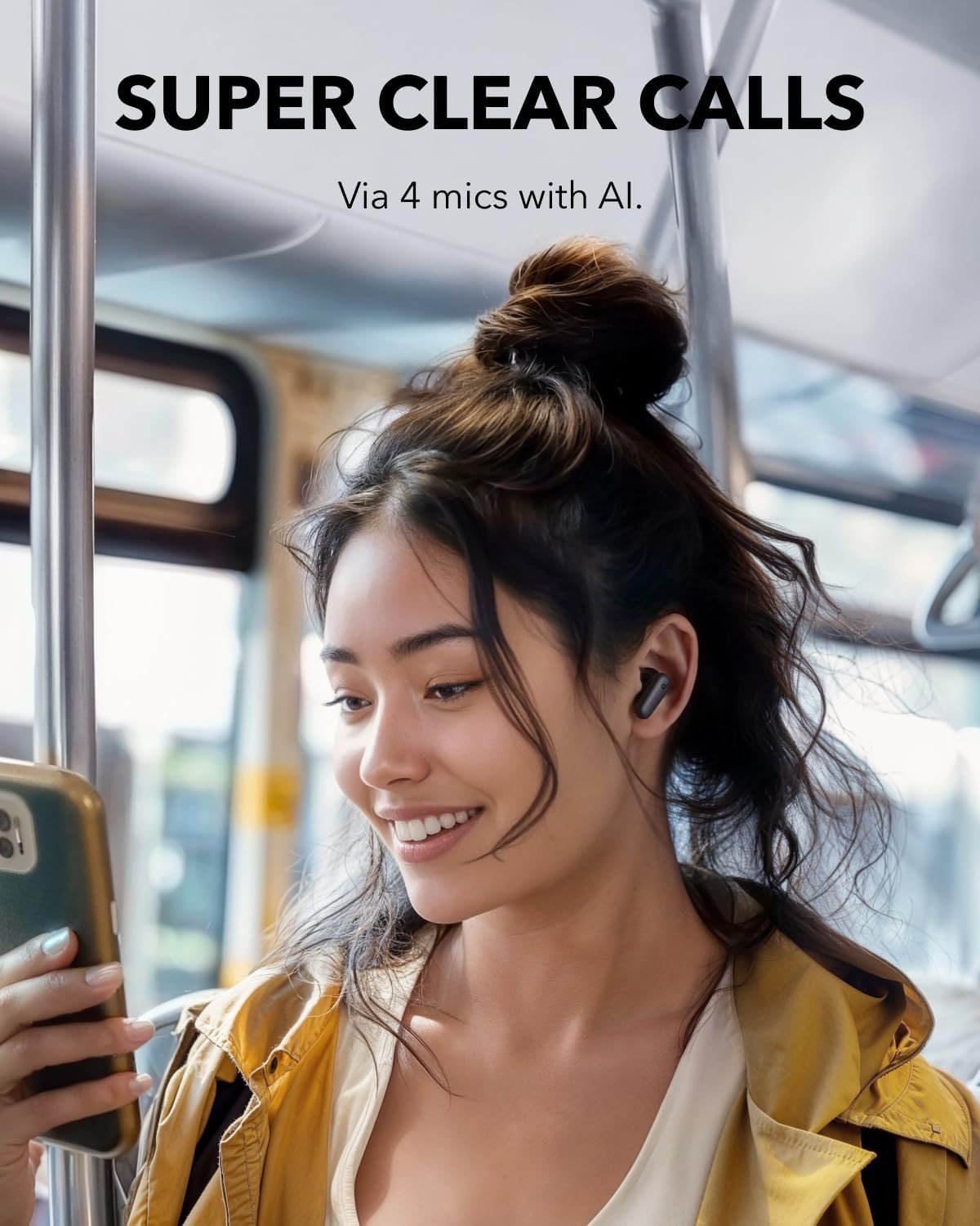 Tai nghe Soundcore R50i NC màu trắng với biểu tượng micro, thể hiện tính năng AI 4 Mic