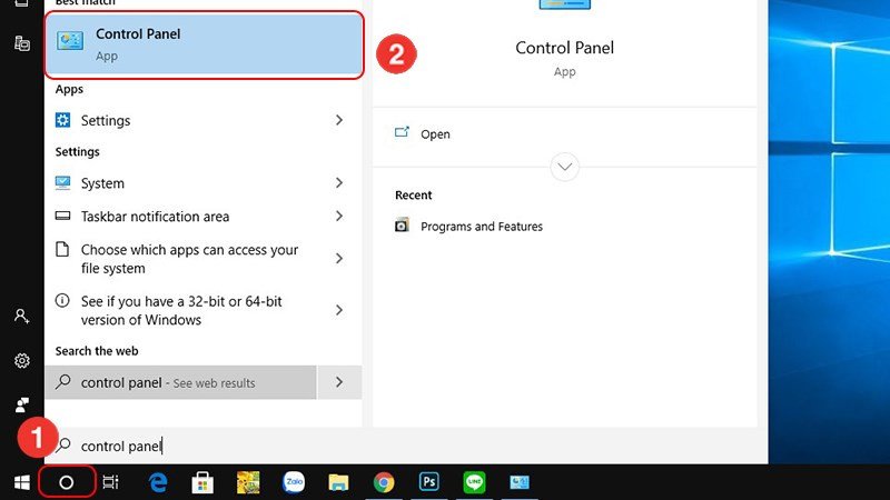 Thanh tìm kiếm Windows để truy cập Control Panel khi bật Bluetooth