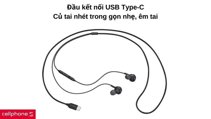 Thiết kế củ tai nhét trong vừa vặn, kết nối Type-C của tai nghe Samsung