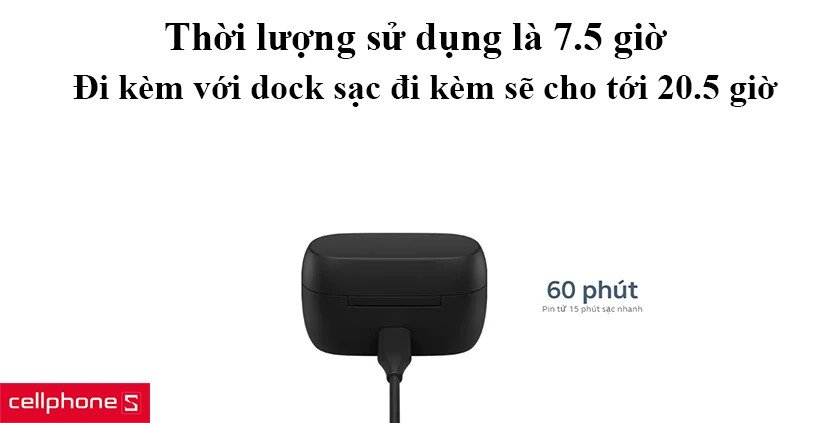 Thời lượng pin ấn tượng của Jabra Elite 75T lên đến 7.5 giờ nghe nhạc