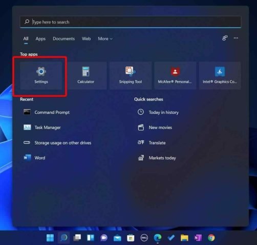 Tìm kiếm và mở Settings trên Windows 11