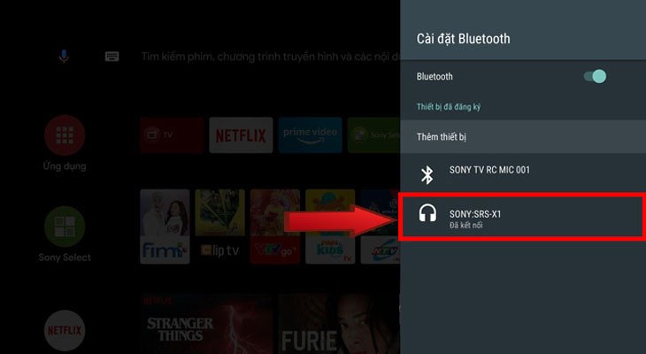 Tivi Sony hiển thị trạng thái Đã kết nối loa Bluetooth thành công