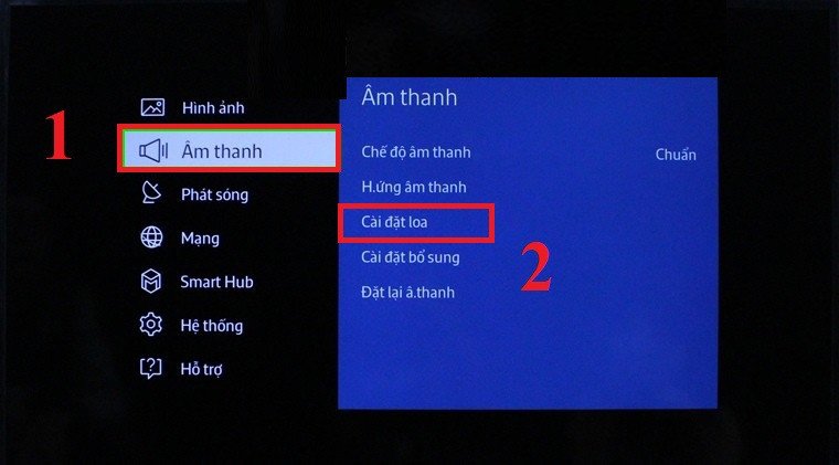 Trong Menu, bạn chọn mục Âm thanh, sau đó chọn Cài đặt loa để kết nối Bluetooth