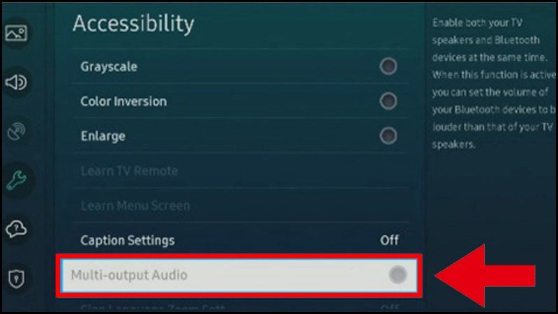 Trong Trợ năng, bạn cần tắt mục Âm thanh đa đầu ra để sửa lỗi kết nối loa Bluetooth với tivi Samsung
