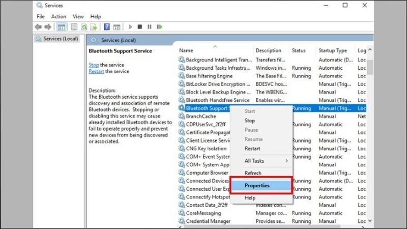 Truy cập Bluetooth Support Service Properties để cấu hình kết nối