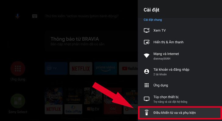 Truy cập Điều khiển từ xa và phụ kiện để tìm cài đặt Bluetooth tivi Sony