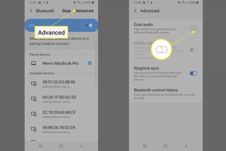 Tùy chọn Bật Âm thanh Kép (Dual Audio) trong cài đặt Bluetooth Samsung