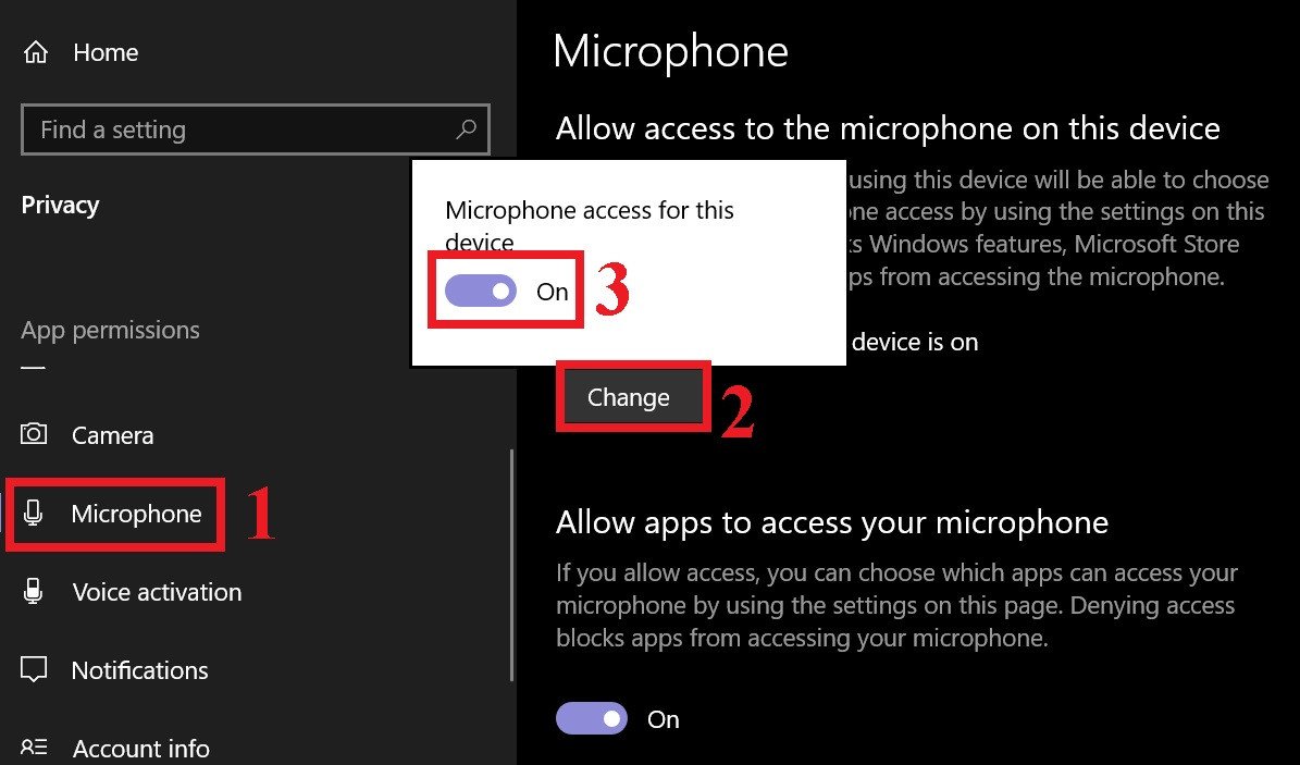 Tùy chọn bật quyền truy cập micro cho các ứng dụng trên máy tính Windows